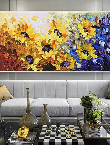  Handgefertigtes Ölgemälde auf Leinwand, Wandkunst, Dekoration, abstrakte Blumen, Sonnenblumen für Wohnkultur, gerollt, rahmenlos, ungedehnt