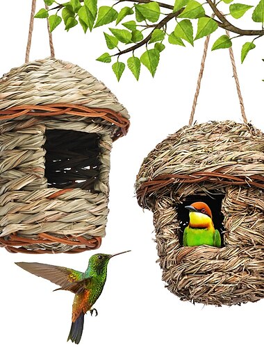  Maison d'oiseau pour accrocher à l'extérieur, nid d'oiseau tissé à la main en herbe, maison de colibri, cabane d'oiseau naturelle en plein air, nichoir pour enfants, maison d'oiseaux chanteurs