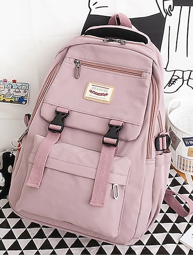 rosa wasserdichter Schulrucksack aus Nylon mit Plüsch-Affen-Schlüsselanhänger – stylischer und robuster Schulranzen mit mehreren Taschen für Reisen und den täglichen Gebrauch