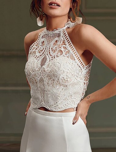  Strand Hochzeits Boho Hochzeitskleider Separates Illusion Hals Ärmellos Separates Spitze Brautoberteile Brautkleider Mit Applikationen 2025