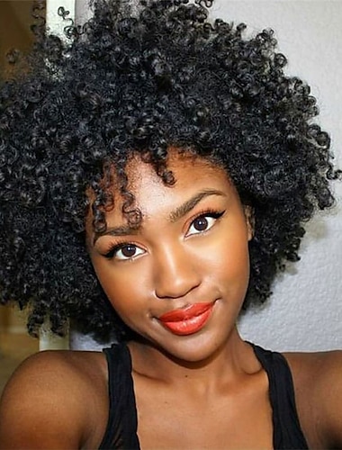  kurze lockige Afro-Perücke mit Pony Afro Kinky Lockenperücken für schwarze Frauen ohne Kleber synthetische Vollperücke hitzebeständige weiche lockige Ersatzperücken