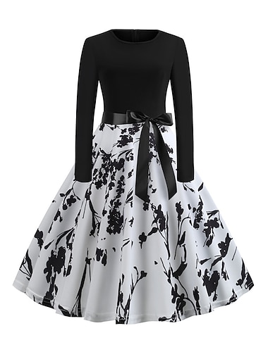  Mujer Estampado Vestido vintage Vestido Midi Elegante Floral Cuello Barco Manga Larga Diario Cita Verano Primavera En blanco y negro Negro