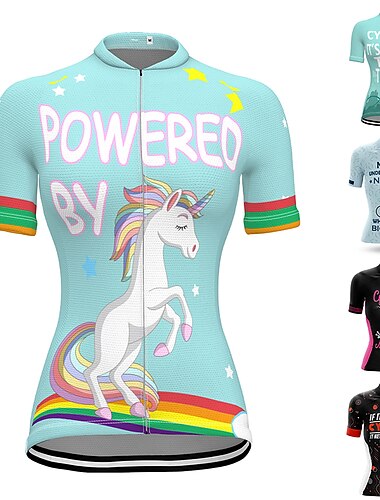  Dames Wielrenshirt Grafisch Regenboog Eenhoorn Korte mouw Fietsen Shirt Kleding Bovenlichaam met 3 achterzakken Bergracen Wegwielrennen Snel Drogend Sneldrogend Zacht Reflecterende strips Sport Rose