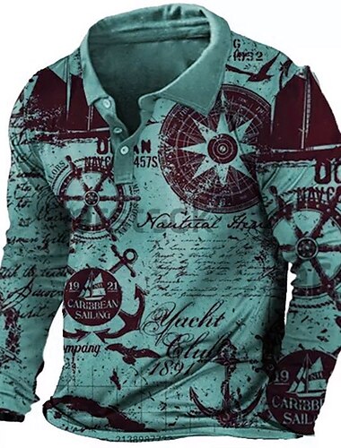  Herren Nautisch Poloshirts Golfshirt Langarm Polo-Shirts Hemden mit Kragen Vintage Lässig Urlaubskleidung Bootskleidung Party-Outfits Knöpfe 3D-Druck Hellgrün Blau Grün