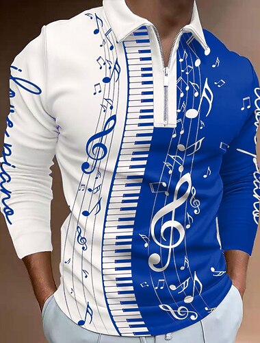  פסטיבל מוזיקה בגדי ריקוד גברים מוסיקה חולצות פולו עם רוכסן חולצת גולף שרוול ארוך חולצות פולו חולצות עם צווארון יום יומי בגדי נופש בגדי פסטיבלים תלבושות למסיבה הדפסת תלת מימד רבע זיפ פולו