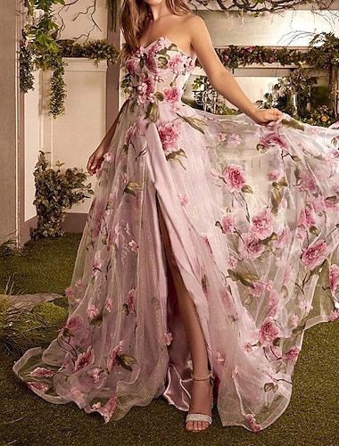  Linha A Vestidos de baile Floral Vestido Convidado do casamento Festa de Casamento Cauda Corte Sem Manga Sem Alças Organza com Fenda Apliques 2024