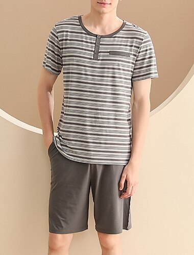  Hombre Ropa de salón Conjunto pijama Top de pijama y pantalones cortos 1 juego Raya Elegante Casual Hogar Diario Cama Algodón Transpirable Suave Cuello Barco Manga Corta Camiseta Bermudas Cintura