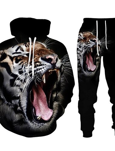  Hombre Graphic Tigre 2 piezas Conjuntos de sudaderas 3D Chándal Sudaderas Manga Larga Pantalones largos Con Capucha Ropa de calle Design Básico Deporte Casual Deportes Estampado Primavera Otoño Negro