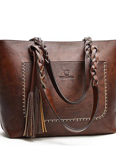  bolsa vintage marrom de couro sintético com alças trançadas e detalhes de borla - ideal para uso diário e passeios casuais