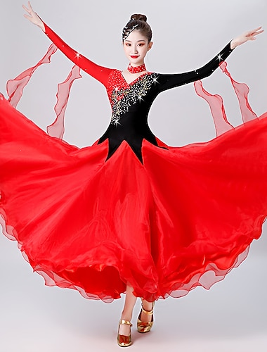 Baile de Salón Vestido Bordados Corte Cristales / diamantes de imitación Mujer Rendimiento Entrenamiento Manga Larga Licra Organdí