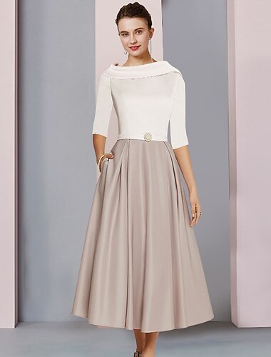  A-Linje Brudens Mor Kjole Bryllupsgjest Elegant Scoop Utringning Te Lengde Sateng Halv Erme med Folder Krystall Brosje Fargeblokk Race Day Kjole gratis tilpasset størrelse