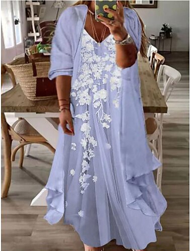  Damen-Kleid in Übergröße, kurvenreich, Freizeitkleid, Set, zweiteilig, Blumenmuster, langes Kleid, Maxikleid, 3/4-Ärmel, Aufdruck, V-Ausschnitt, modisch, täglich, rosa, blau, Frühling, Sommer, L, XL,