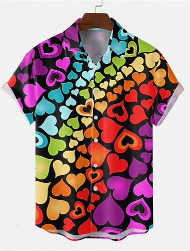  Homens Coração Camisa Social camisa de botão Manga Curta Tropical Moda Havaiana Casual Feriado Praia Verão Primavera Aberto para a Lateral Imprimir Botão para baixo Preto Branco Vinho Vermelho