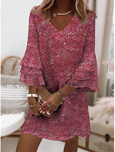  Damen Mini Kleid Casual Kleid Semi Formal Kleid Petite Kleid Sommerkleid Bohemia Rüsche Ärmel Urlaub Tägliches Cocktailparty Reguläre Passform Floral Paisley 3/4 Länge Ärmel V-Ausschnitt Rot Blau