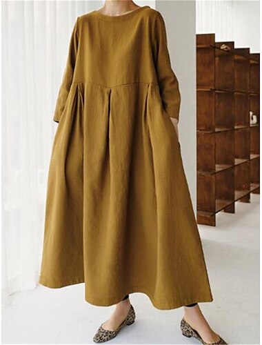  Damen Schwarz Gelb Grün Sommer Frühling Herbst Maxikleid Baumwoll-Leinen-Kleider Freizeitkleid Baumwoll-Sommerkleid Basic Klassisch Lässig Outdoor Täglich Lässiger Schnitt Einfarbig Rundhalsausschnitt