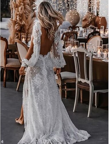  Beach Sexy Boho Wedding Dresses A-Line V Neck Long Sleeve Sweep / Brush Train Lace Bridal Gowns With Appliques Split Front 2024