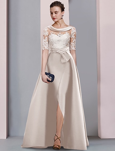  Φορέμα A-Line Μητέρας της Νύφης Καλεσμένη Γάμου Elegant Λαιμός Scoop Μήκος Δαπέδου Σατέν Δαντέλα Μισό Μανίκι με Κορδέλα(ες) Απελευθώσεις Σπλιτ Μπροστά 2025 δωρεάν προσαρμοσμένο μέγεθος