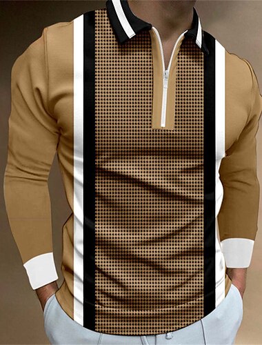  Herren Gestreift Poloshirts mit Reißverschluss Golfshirt Langarm Polo-Shirts Hemden mit Kragen Business-Casual Arbeitskleidung Formelle Kleidung Festivalkleidung 3D-Druck
