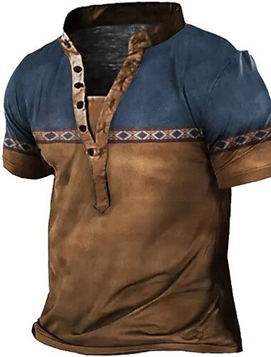  Herren Grafik Farbblock Henley Hemd T-Shirt Kurzarm 3D-Druck Mode Bequem Outdoor Lässig Täglich Frühling & Herbst Braun Henley Henley T-Shirt