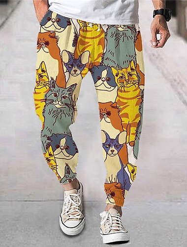  Voor heren Jogger Broek Strandbroeken Trekkoord Elastische taille dier Kat Grafische prints Comfort Ademend Buitensporten Casual Dagelijks Streetwear Ontwerper Geel Oranje Micro-elastisch
