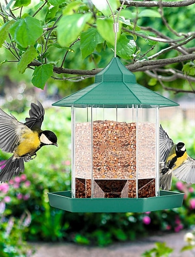  Mangeoire à oiseaux, mangeoire à oiseaux sauvages suspendue en plastique pour décoration de jardin extérieur cour patio arrière-cour, en forme d'hexagone avec toit