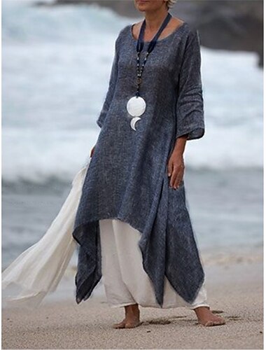  Mulheres Branco Azul Roxo Verão Primavera Vestido midi Vestidos inspirados em linho Vestido casual Vestido Primavera Básico Casual Ao ar livre Diário Final de semana Normal Cor imaculada Gola Redonda