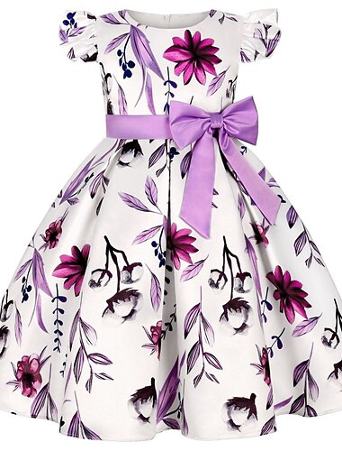  Barn Jente Festkjole Blomstret Kortermet Bryllup jubileum Flettet Puffermer Bedårende Prinsesse Søt Polyester Plissért kjole Floral kjole Sommer Vår 4-13 år Lyseblå Farge blå Lilla sløyfe