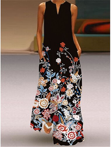  Maxi-Langkleid für Damen, Freizeitkleid, T-Shirt-Kleid, Etuikleid, lässig, Outdoor, Alltag, Wochenende, Taschendruck, ärmelloses Kleid mit V-Ausschnitt, normale Passform, Schwarz, Weiß, Gelb, Sommer, Frühling, S, M, L, XL