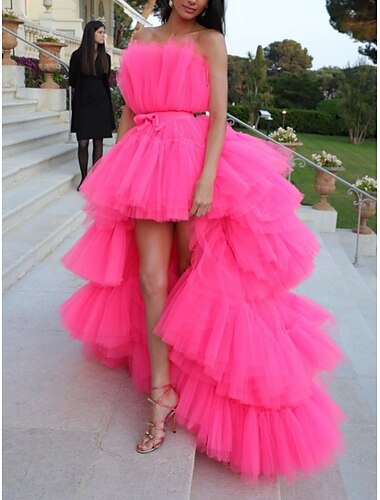  Ball Gown Prom Dresses Tiered Plisse Dress Wedding Party Birthday Asymmetrical Sleeveless Strapless Tulle with Bow(s) 2024