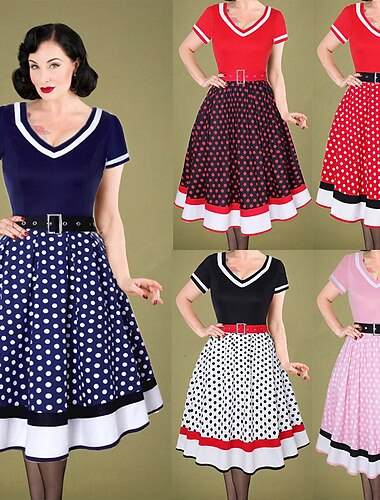  水玉 レトリ／ヴィンテージ 1950年代風 膝丈 ドレス フレアワンピース Tシャツ プラスサイズ 波点 女性用 バチェロレッテパーティー 成人 ドレス ベルト ホームカミングドレス 夏