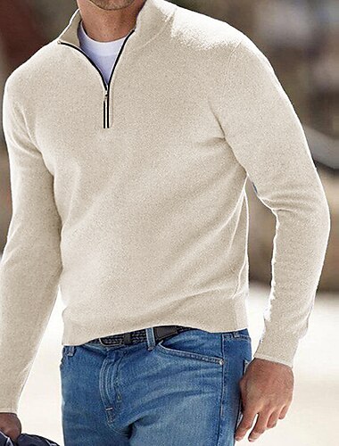  Herren Pullover Kleid Pullover Gerippt Stricken Cropped Zip Strick Feste Farbe Ständer Stilvoll Basic Outdoor Täglich Bekleidung Herbst Winter Schwarz Weiß S M L