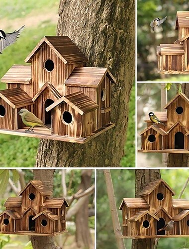  casa de pájaros para exterior, casa de pájaros de madera hecha a mano con 6 agujeros, casa de pájaros grande estilo villa retro para pájaros exteriores, decoraciones de patio trasero