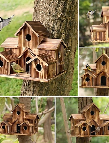  casa de pájaros para exterior, casa de pájaros de madera hecha a mano con 6 agujeros, casa de pájaros grande estilo villa retro para pájaros exteriores, decoraciones de patio trasero