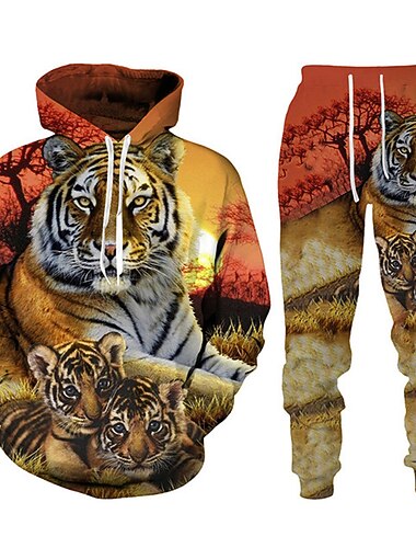  Herren Grafik Tiger 2St 3D Sweatshirt-Sets Trainingsanzug Kapuzenshirts Langarm Lange Hosen Mit Kapuze Streetwear Designer Basic Sport & Outdoor Lässig Sport Druck Frühling Herbst Schwarz Blau Purpur