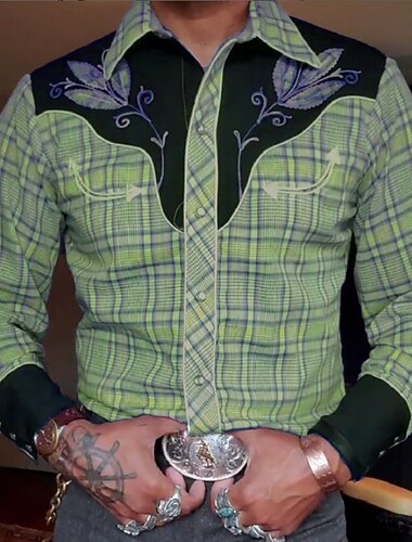  Voor heren Ruitjes Grafische prints Overhemd Westers overhemd Cowboyshirt Lange mouw Modieus Ontwerper Casual Dagelijks Buiten Herfst winter Strijkijzer Afdrukken Button-omlaag blauw Paars Groen Khaki