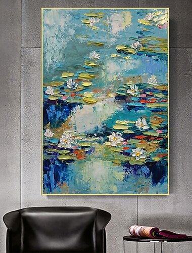  手作りの油絵キャンバス アクリル壁アート装飾現代抽象ナイフ蓮池風景家の装飾のためのロール フレームレス未延伸絵画