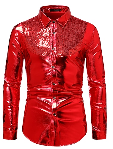  Herren Smokinghemden Farbblock Party Festtage Silber Rote Gold Langarm Umlegekragen Frühling & Herbst Bekleidung Pailletten