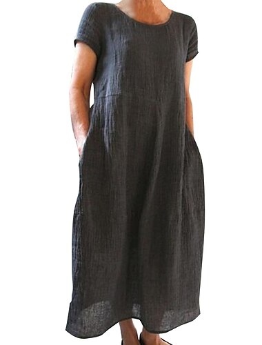  Damen Schwarz Weiß Gelb Sommer Frühling Maxikleid Weißes Kleid Baumwoll-Leinen-Kleider Freizeitkleid Basic Lässig Outdoor Urlaub Täglich Lässiger Schnitt Einfach Rundhalsausschnitt