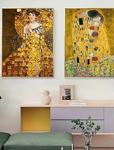  2 uds sin marco artista clásico gustav klimt kiss pintura al óleo abstracta sobre lienzo póster impreso arte moderno cuadros de pared para decoración para sala de estar