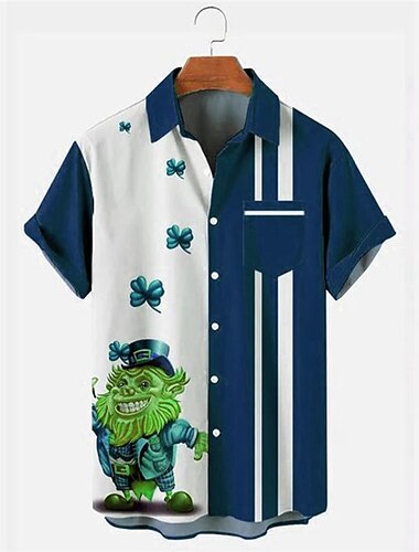  St. Patrick Mannen Cartoon Hoed Gestreept Shirt Zomer Hawaiian Shirt Korte Mouw Tropische Mode Hawaiian Buiten St. Patrick's Day Straat Zomer Lente Omgeslagen Print Button-Down Zwart Wit Geel