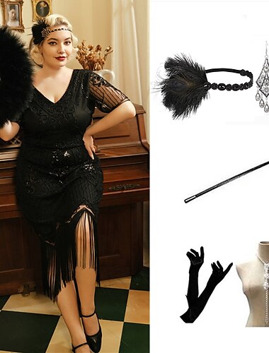  Der große Gatsby Midlänge Flapper Kleid Kleid Outfits Der große Gatsby Hochzeitsgast Pailletten Quastenfransen Pailletten Quaste V Ausschnitt Damen Maskerade Abschlussball Party & Abend