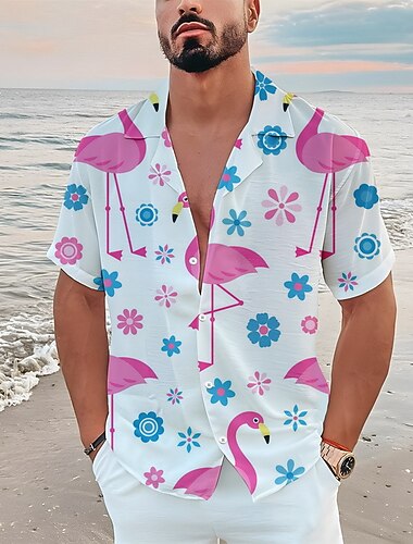  Voor heren Bloemig Flamingo Tropisch Overhemd Hawaiiaans overhemd Aloha-shirt Korte mouw Overhemd Strijkijzer Tropisch Modieus Streetwear Casual Strand Hawaii blauw Blauw-Groen Zwart S M L