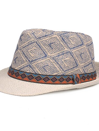  Homme Chapeau de Paille Noir Bleu Réglisse Tressé Vêtement de rue mode Décontractées du quotidien Vêtements de Plein Air Vacances 钻石纹 Ecran Solaire Respirabilité