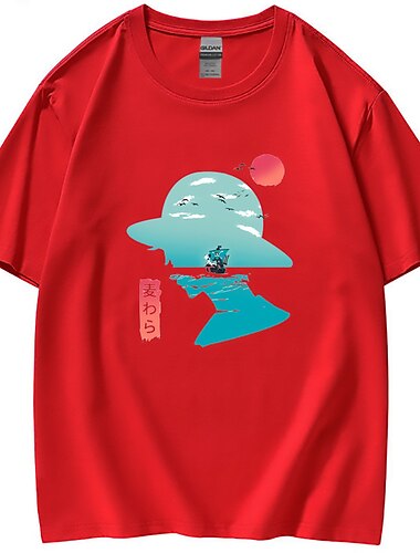 One Piece Affe D. Ruffy T-Shirt-Ärmel Bedruckt Klassisch Streetstyle Für Paar Herren Damen Erwachsene Heißprägen Casual