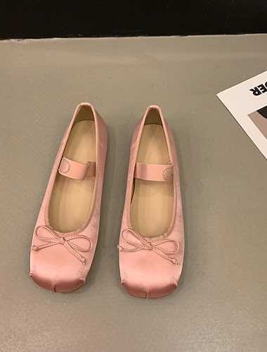  Elegante satijnen ballerina's voor dames - zachte Mary Jane-schoenen met vierkante neus en strikdetail, comfortabele instappers voor casual en formele gelegenheden