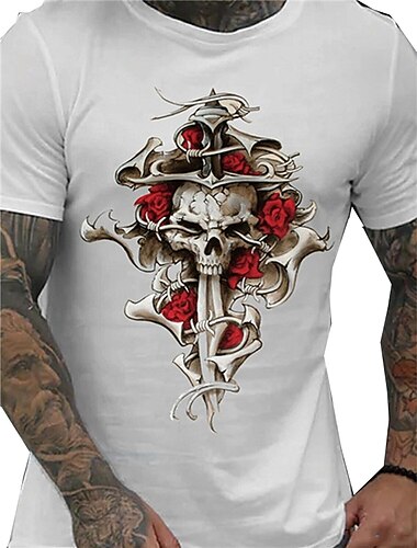  Herren Rose Schädel Grafikdrucke T Shirt Grafischen T-Shirt 100% Baumwolle Kurzarm Grafik Hemd Schwarz Weiß Marineblau Bequemes T-Shirt Urlaub Straße Modedesigner-Kleidung