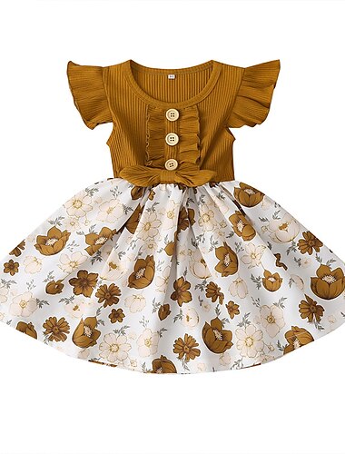  Kinder Mädchen Kleid Blumen Kurzarm Lässig Mode Täglich Baumwolle Über dem Knie Freizeitkleid A Linie Kleid Sommer Frühling 3-8 Jahre Weinrot Kurkuma Schwarz