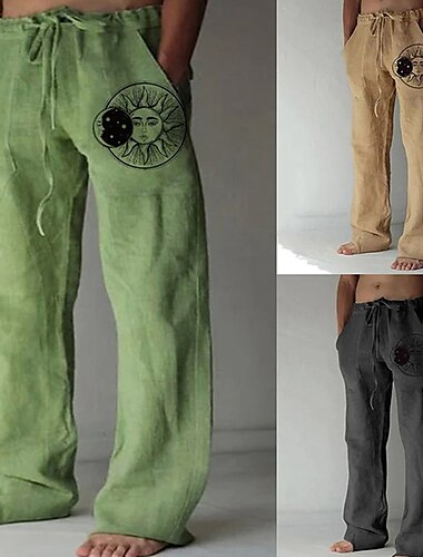  Voor heren Linnen broek Broek Zomerbroek Strandbroeken Zak Trekkoord Afdrukken Zon Grafische prints Comfort Buiten Dagelijks Uitgaan Streetwear Stijlvol Wit Geel
