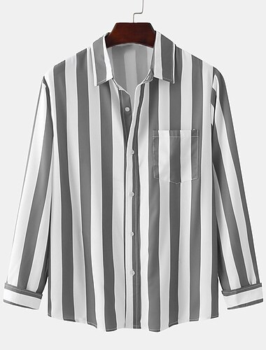  Men's Shirt Summer Shirt Casual Shirt Button Up Shirt Striped Shirts Black Royal Blue Blue Red Gray Long Sleeve Striped Turndown Vacation Street Front Pocket Clothing Apparel Polyester Stylish