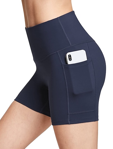  damsportshorts med bred band i midjan med telefonficka enfärgade hög midja elastiska joggingbyxor